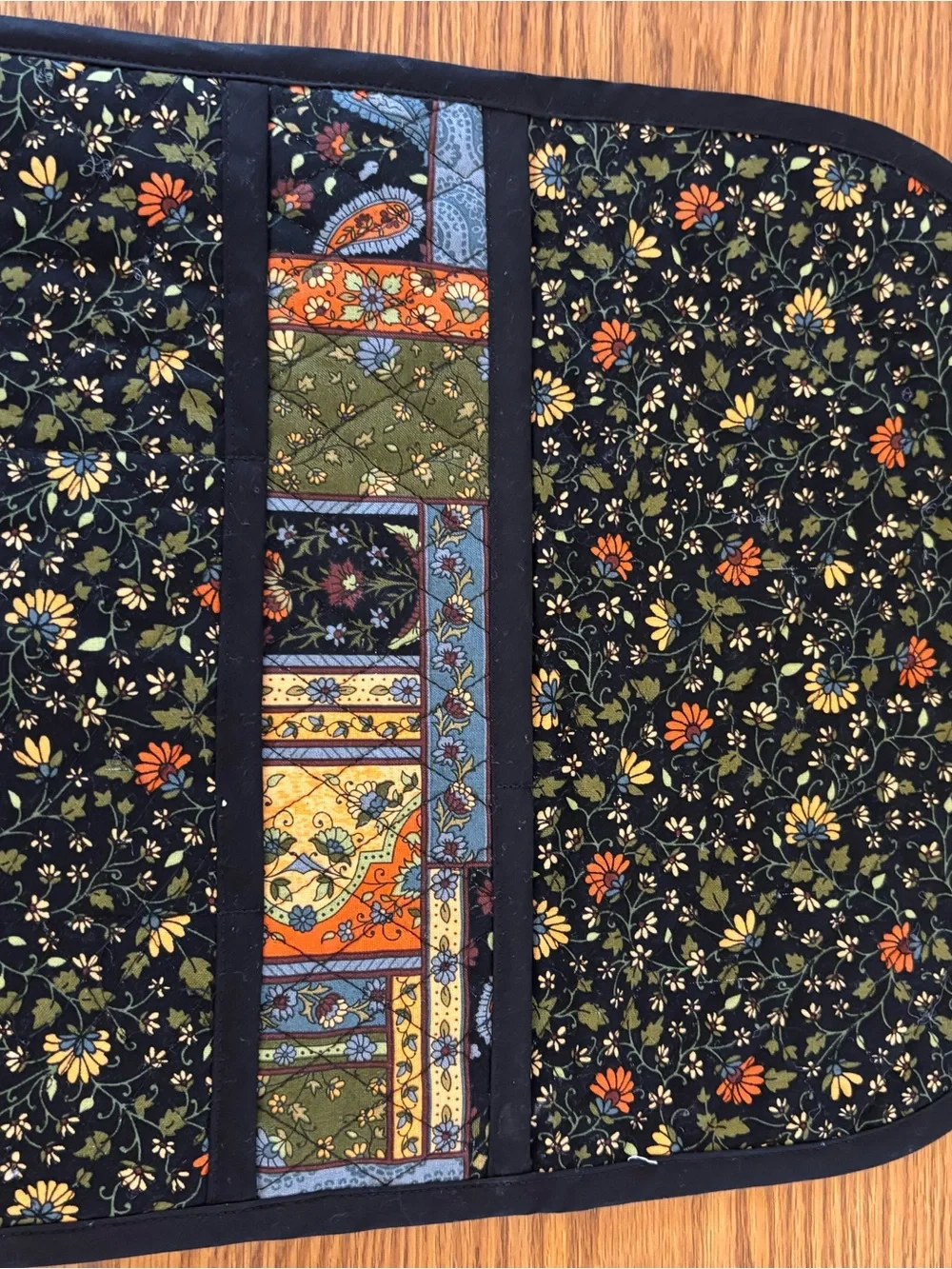 New quilted over arm rest Floral Fabric Bedside Organizer - Black
